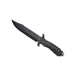 Survival camping and hiking black tactical knife, with a cool serrated blade, ideal for hunting; fixed blade design. 728